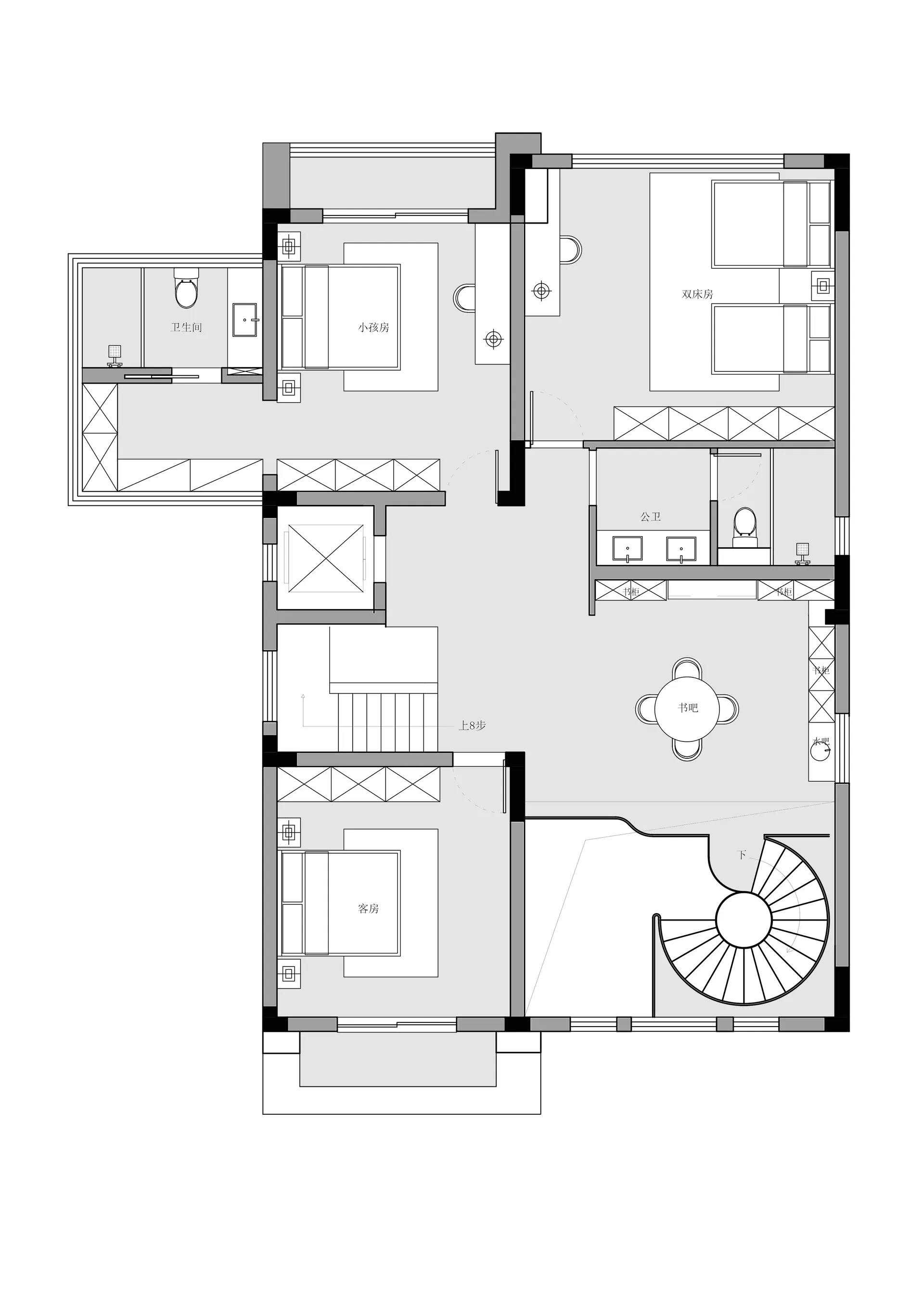 A detailed 2D architectural drawing of a modern residential floor plan.