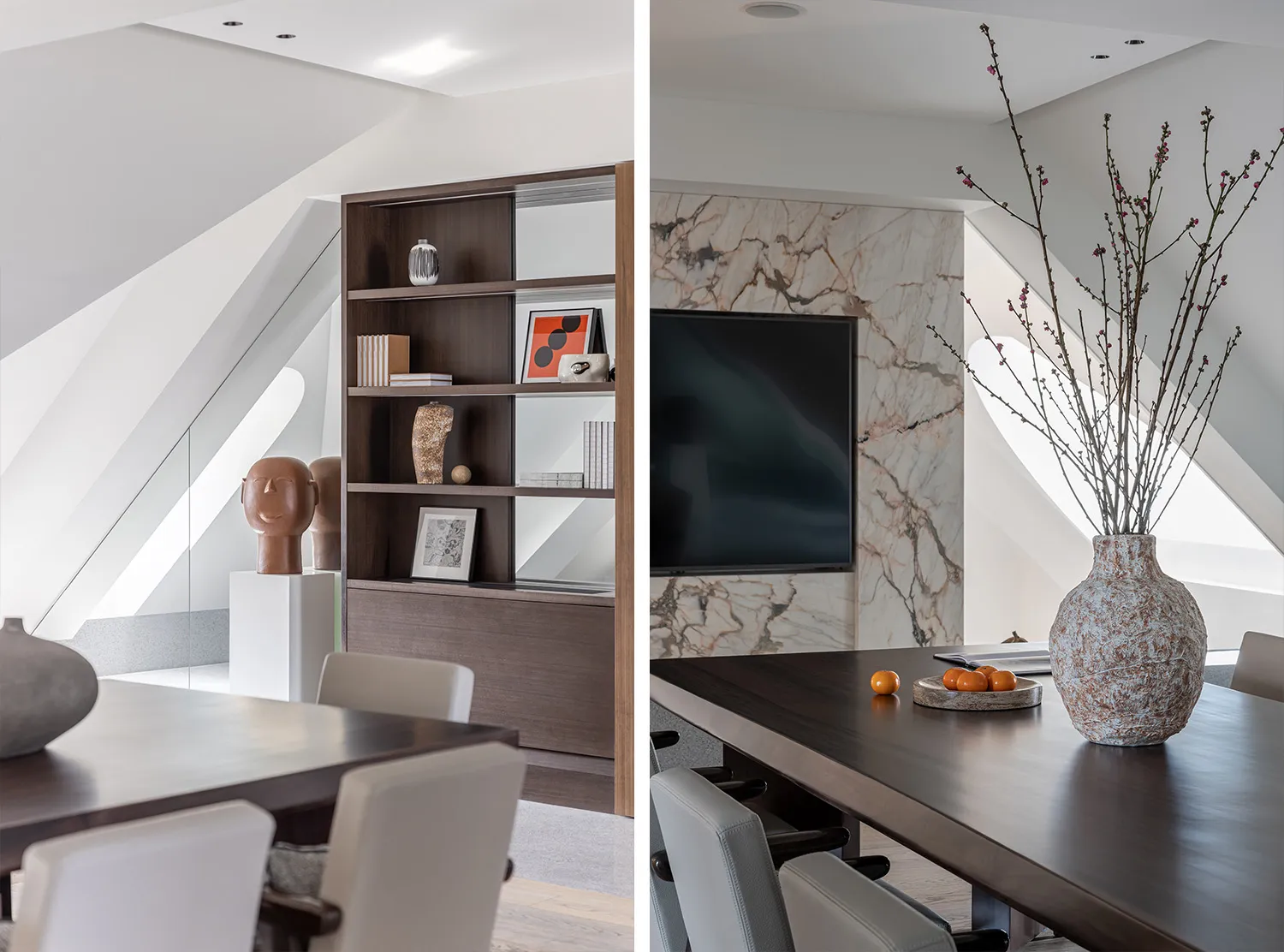 A modern conference room featuring a marble wall and wooden furniture.
