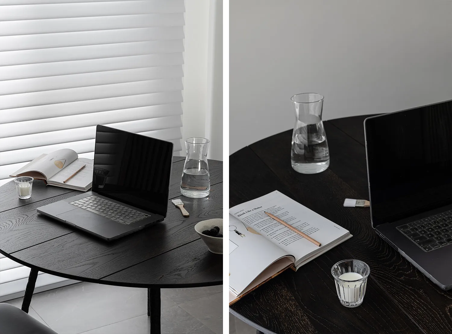 A modern workspace featuring a black desk with a laptop, open book, and water pitcher.