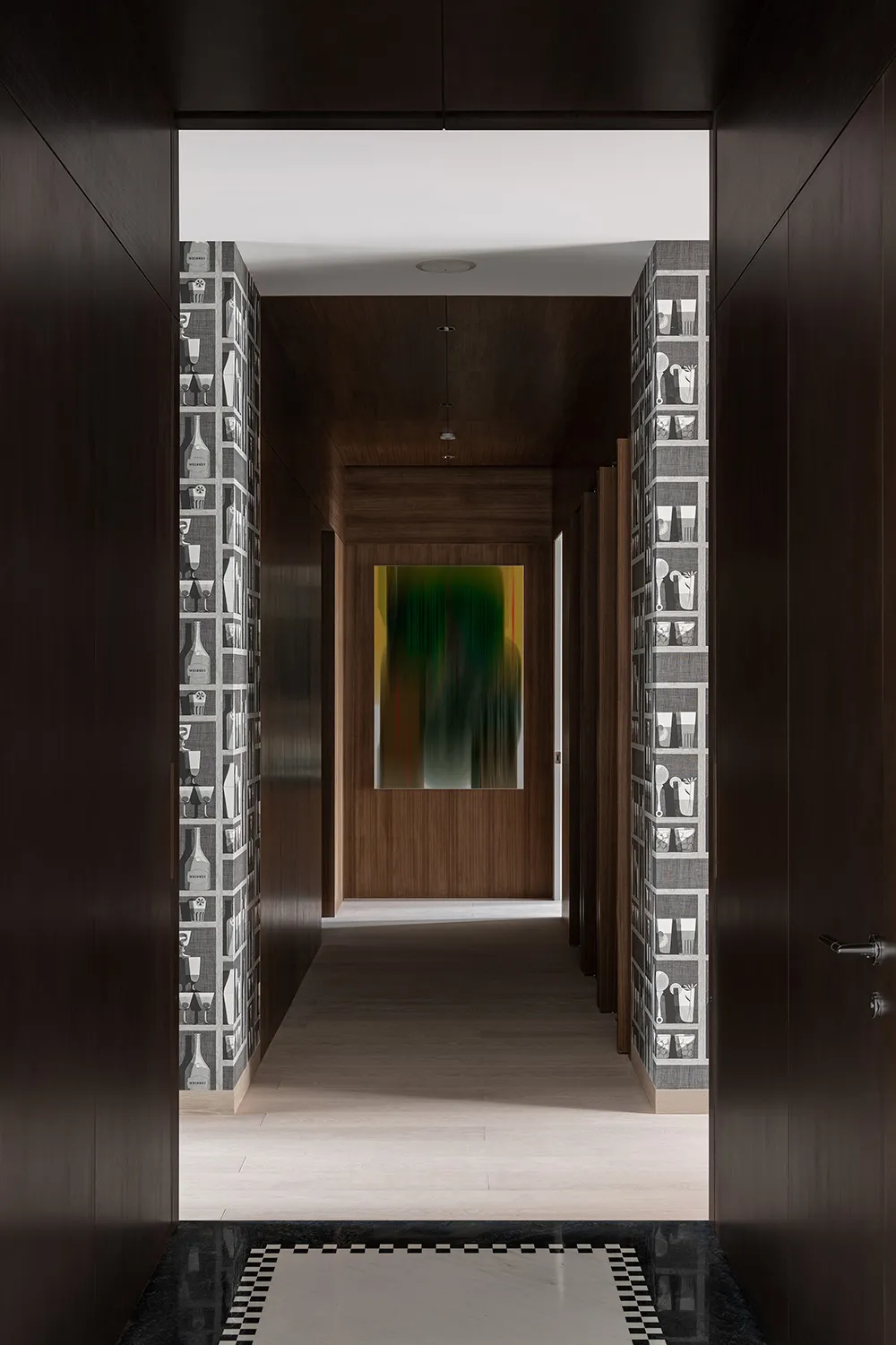 A modern interior corridor with wooden walls and patterned wallpaper