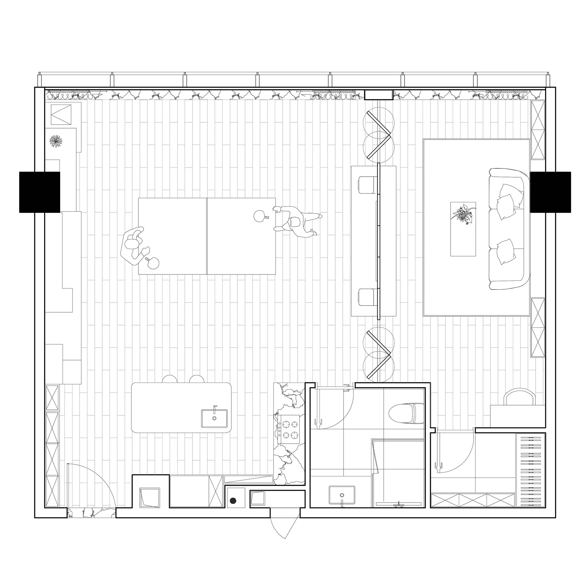 一間擁有混凝土地板與極簡家具的現代客廳。