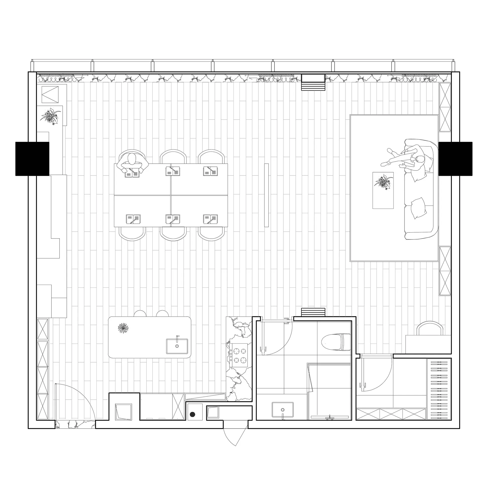 An overhead view of a modern office layout with tile flooring.