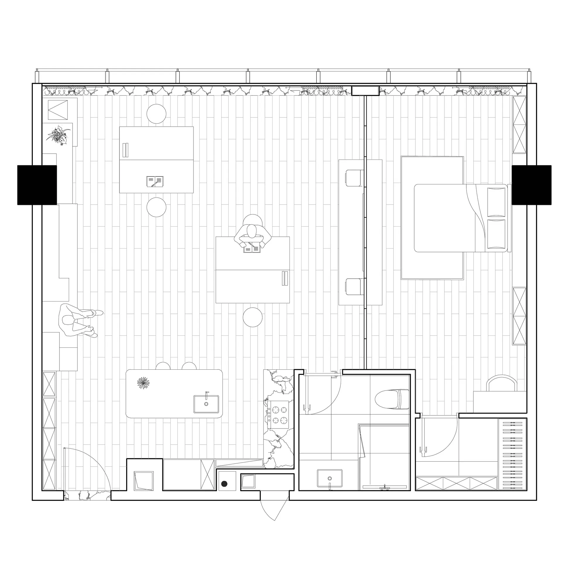 Floor plan of a modern office space with tile flooring.
