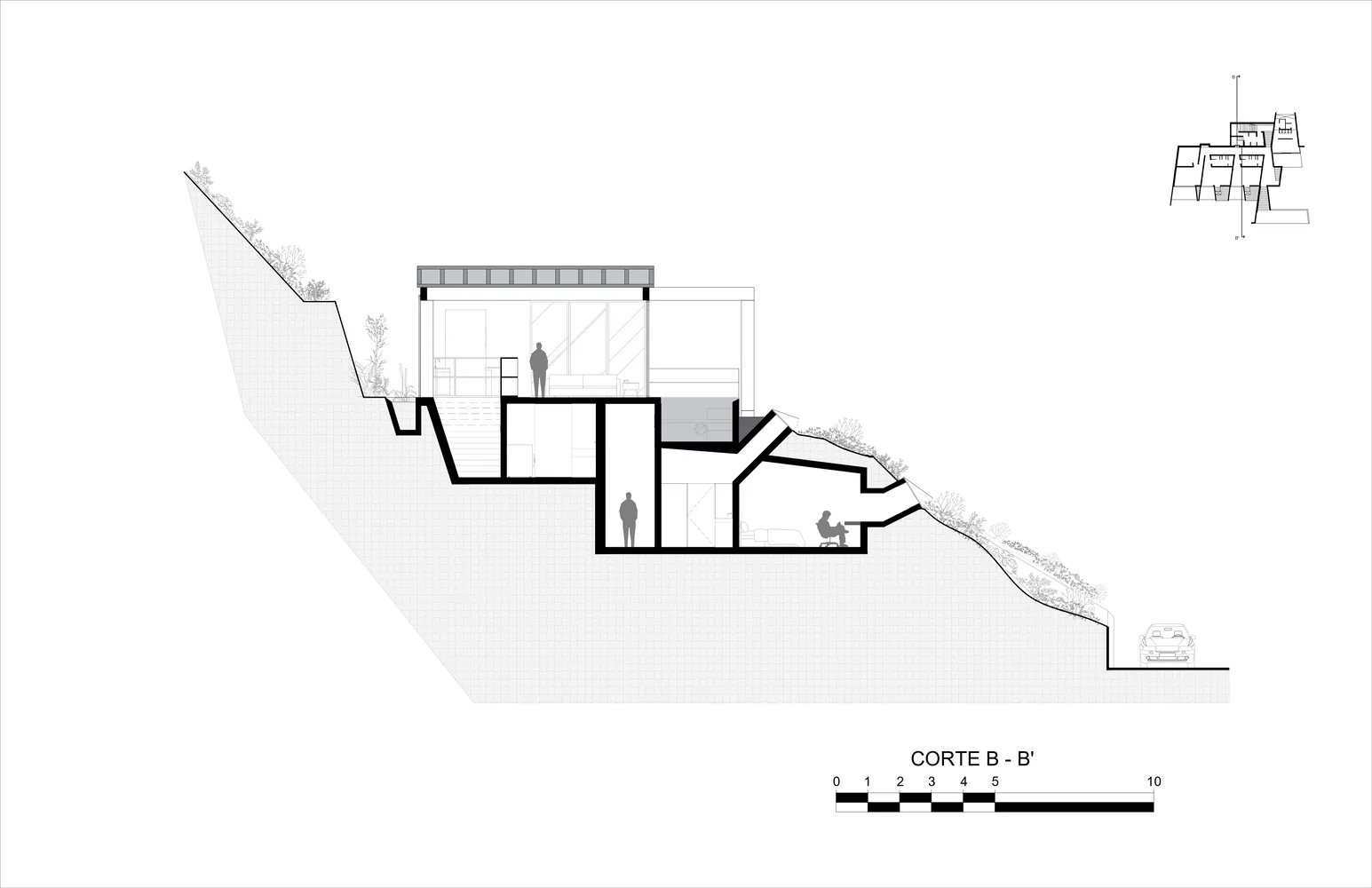 Linear drawing illustrating the cross-section of a house on a hillside.