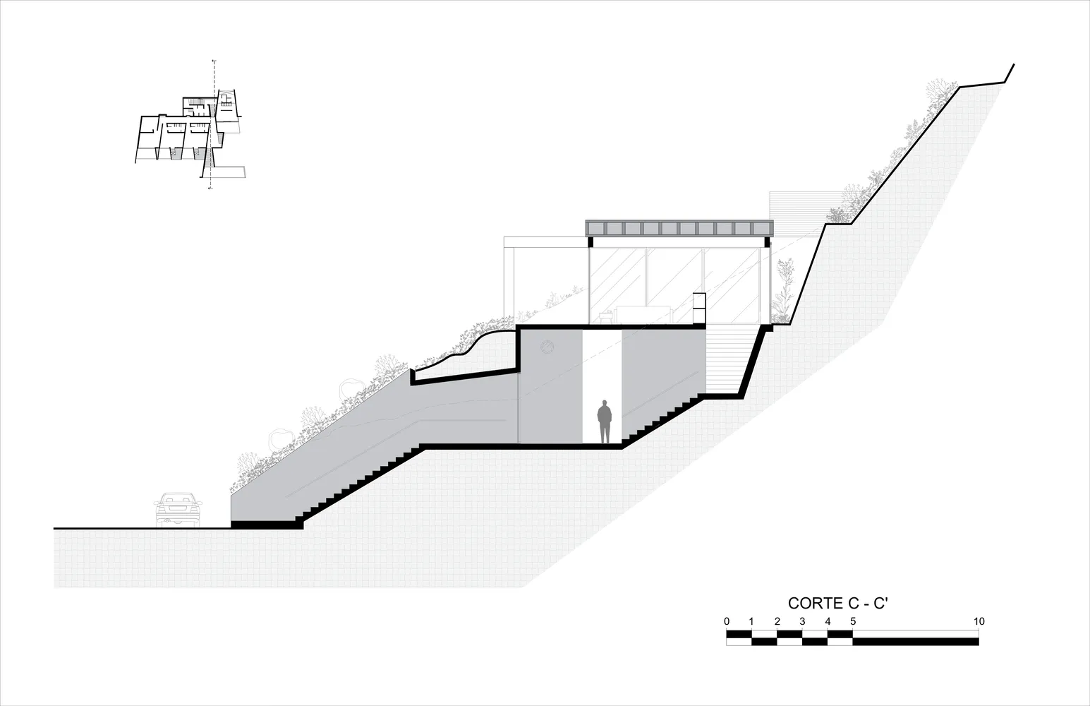 現代住宅平面圖,展示大型玻璃窗、金屬欄杆與混凝土階梯。
