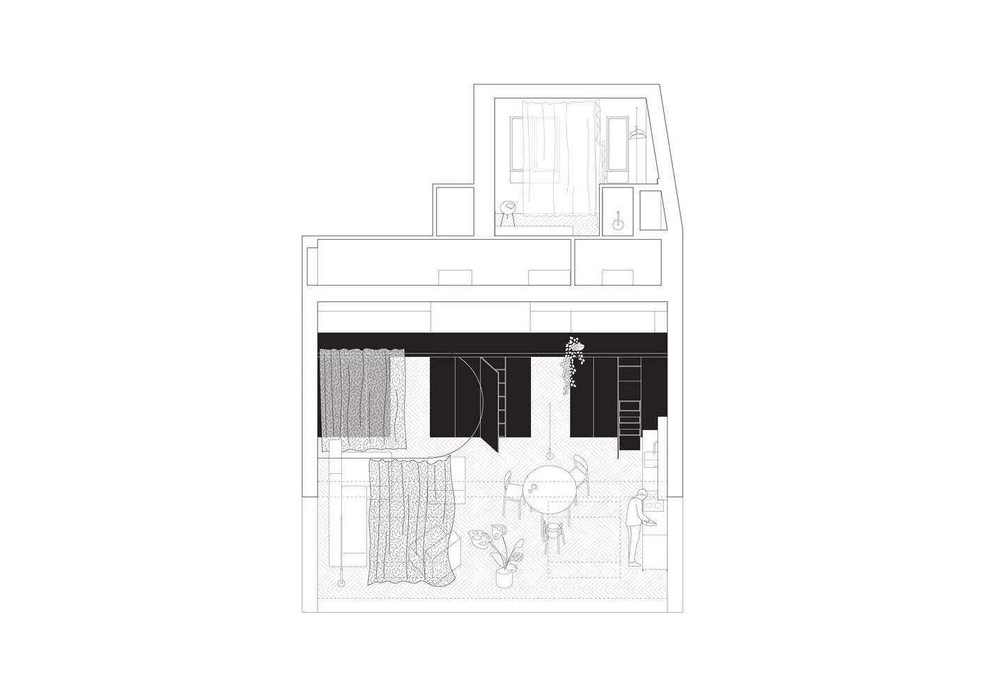現代公寓平面圖,展示客廳、餐廳與臥室區域,搭配簡約設計元素。