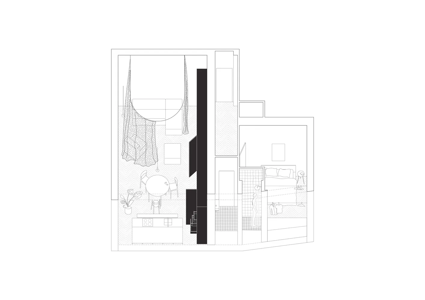 Compact apartment with modern minimalist interior design, including a living room, kitchenette, bedroom, and bathroom.