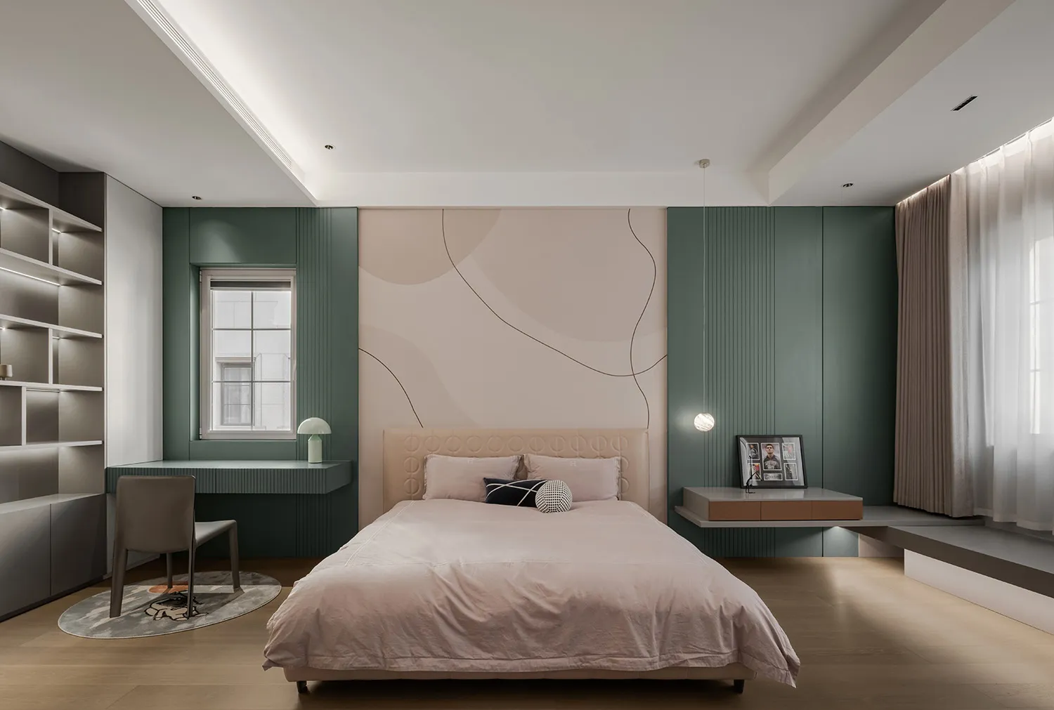 A modern minimalist bedroom featuring neutral-toned furniture, a large bed, and a simplistic design aesthetic.