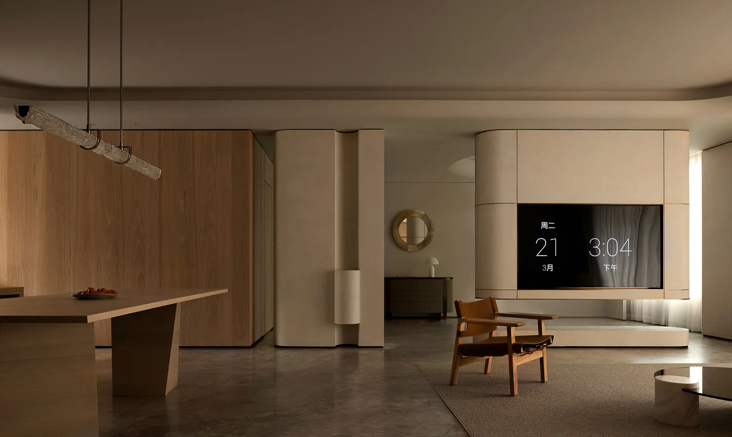 A modern minimalist living room with wooden furniture and light-colored walls and floor.