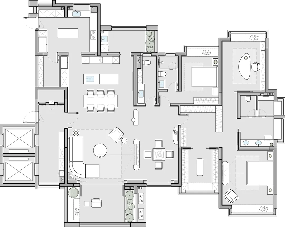 A modern residential floor plan showcasing a contemporary and spacious living area with natural materials and neutral tones.