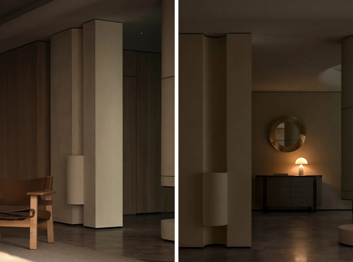 Modern minimalist interior with concrete walls and floor, featuring sleek, simple lines and a warm, inviting atmosphere.