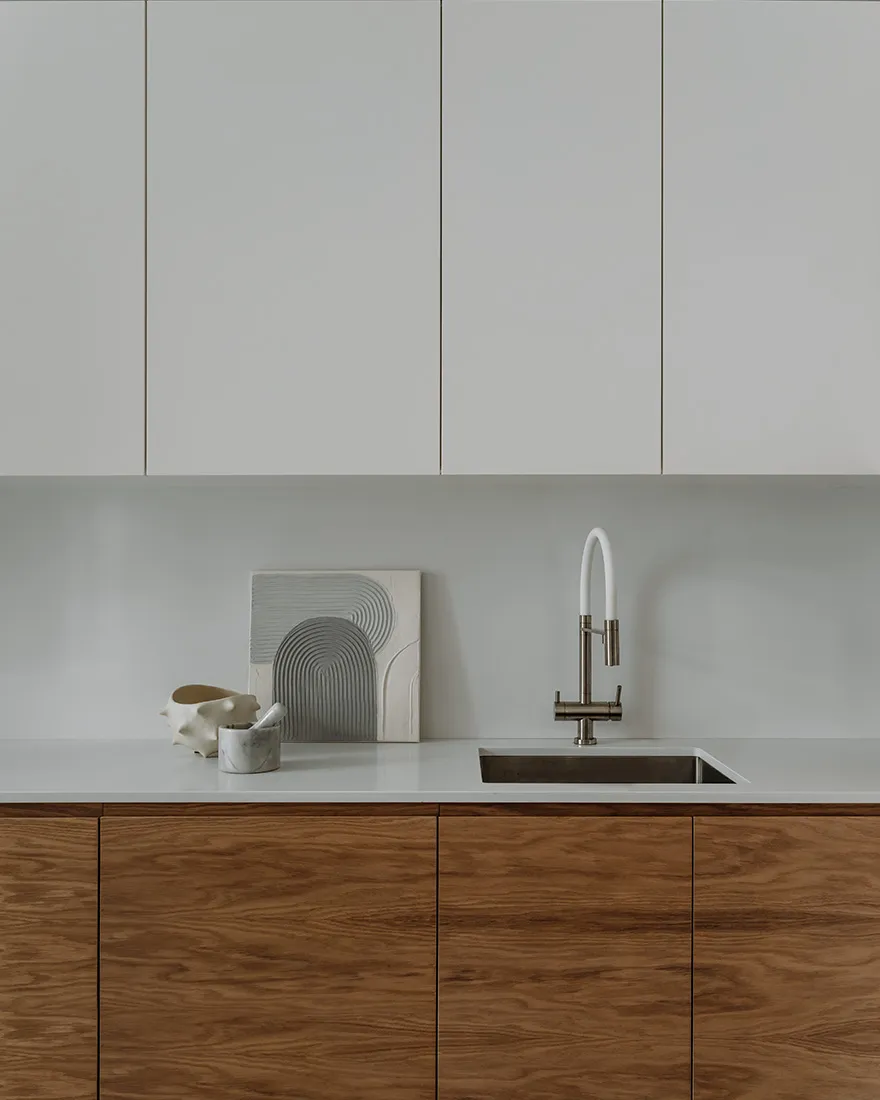 Minimalist kitchen with wood cabinets and a modern sink.