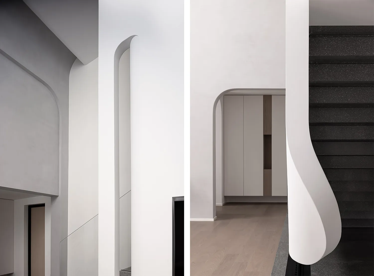 An interior space showcasing modern minimalist design with wooden elements.