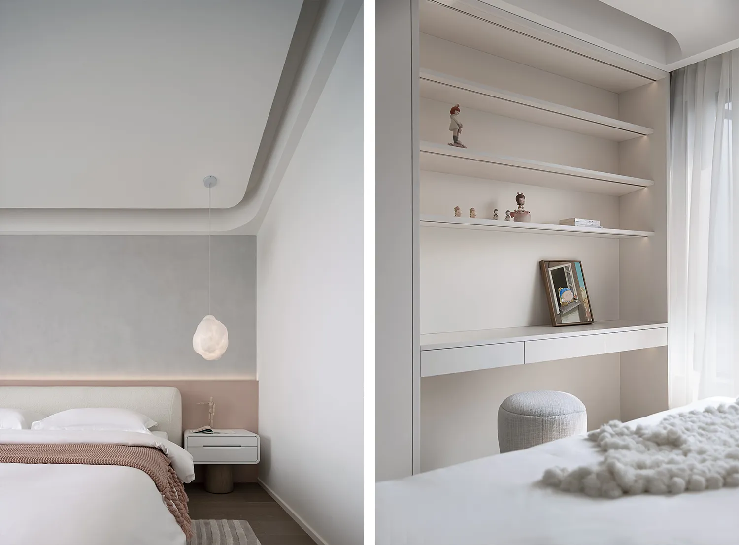 A minimalist bedroom with neutral colors and simple furnishings.