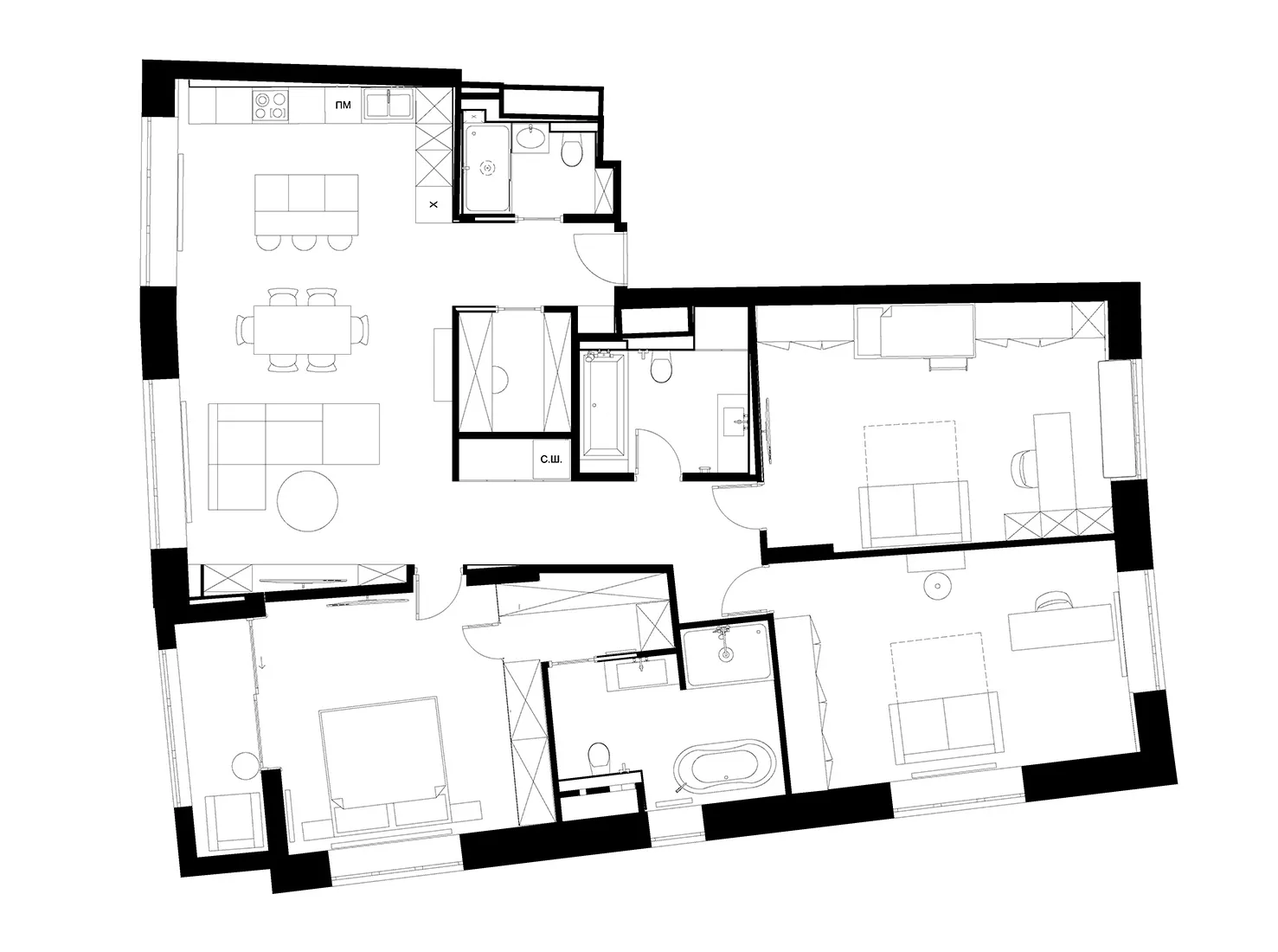 2D architectural drawing of a modern apartment layout