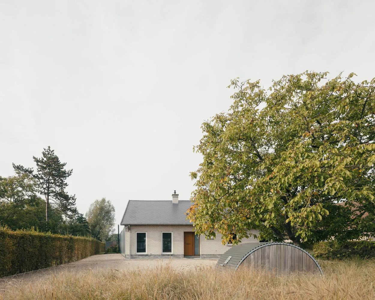A modern house with a brick exterior, featuring a grey roof and a wooden doorway, surrounded by tall grass and trees.
