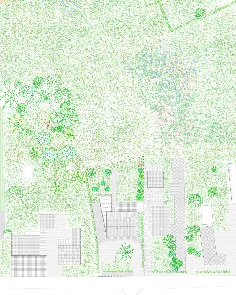 A detailed architectural plan of a residential backyard featuring grass, shrubs, trees, and paved walkways.