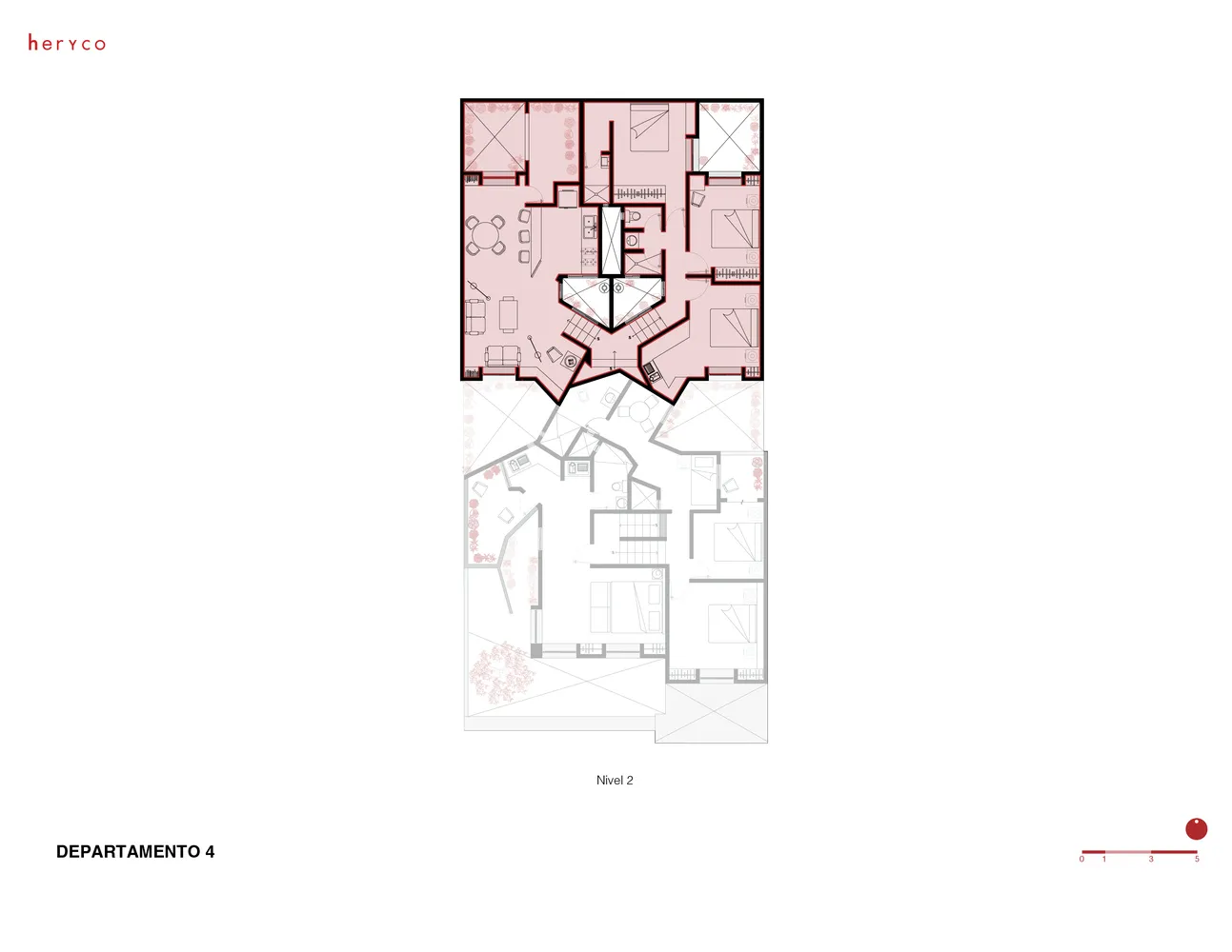 Floor plan of an apartment's second level, showing rooms and layout.