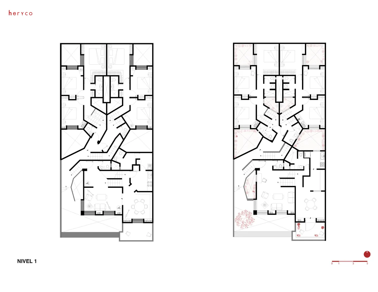 Detailed architectural drawing of an apartment building floor plan, showing multiple residential units and common areas.