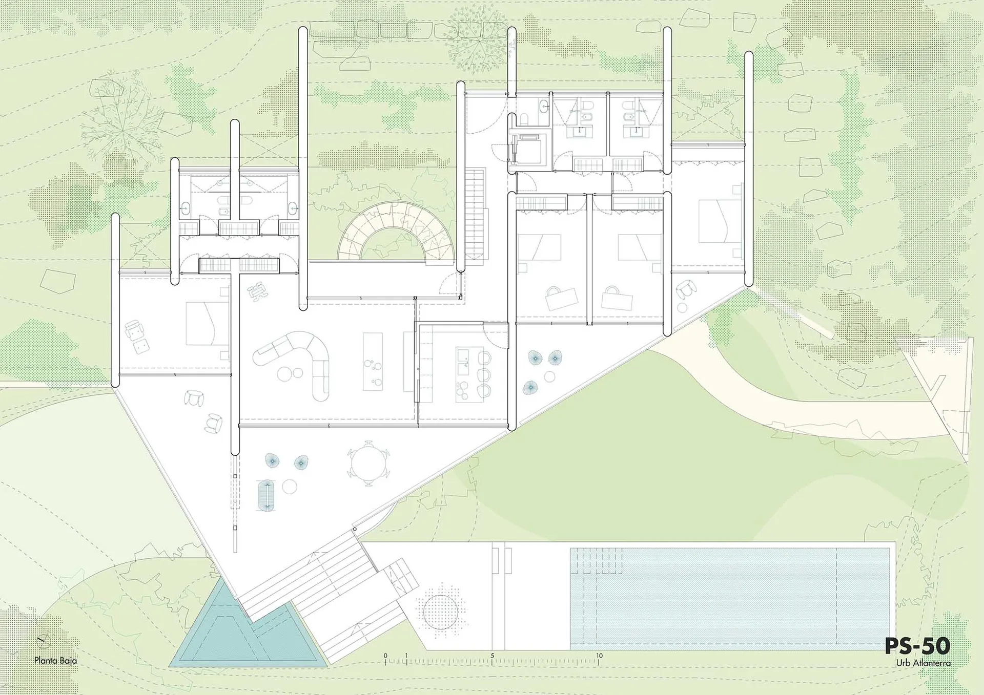 Modern house floor plan on paper, showing interior layout and design features.