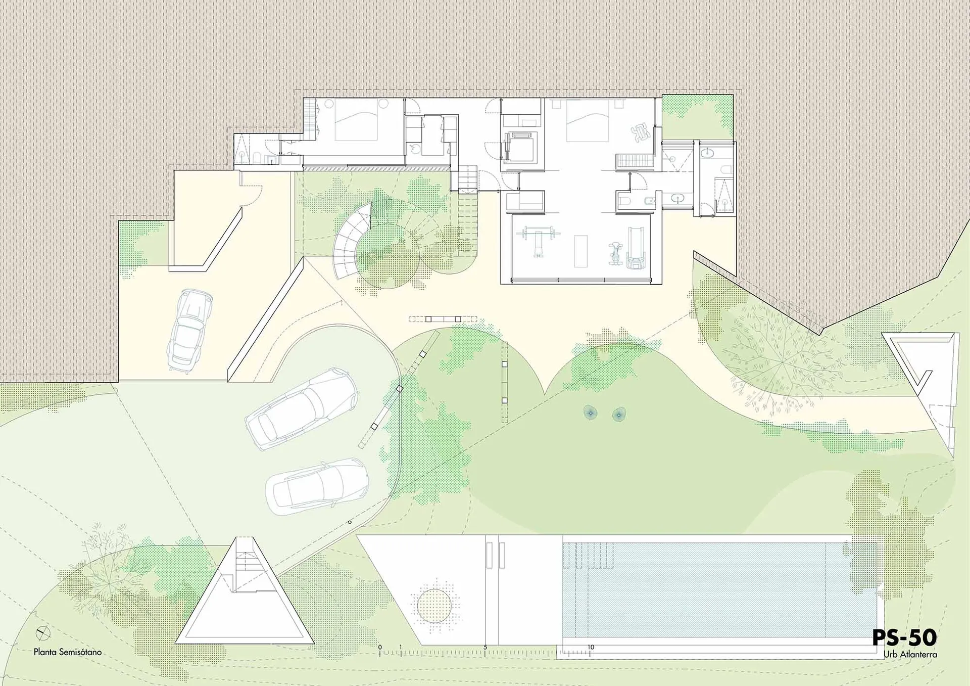 Modern residential architectural plan depicting floor layout and outdoor area with greenery and a pool.