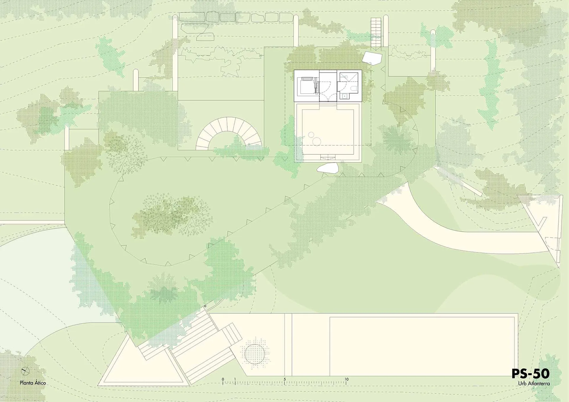Architectural floor plan of a residential garden, showing layout and design details.