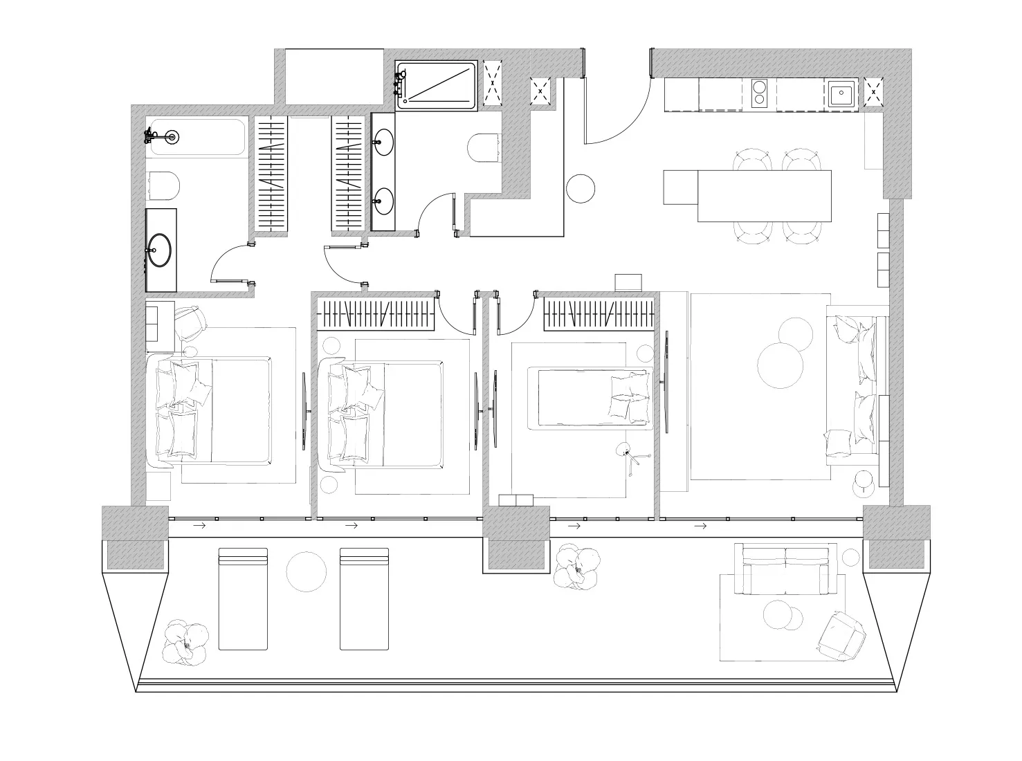 現代住宅公寓格局的詳細建築藍圖,包含三間臥室與客廳區域。