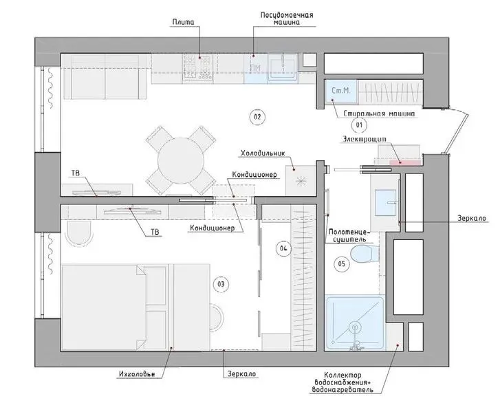 A modern minimalist kitchen and living space with a white floor plan, white appliances, a white dining table, white cabinets,