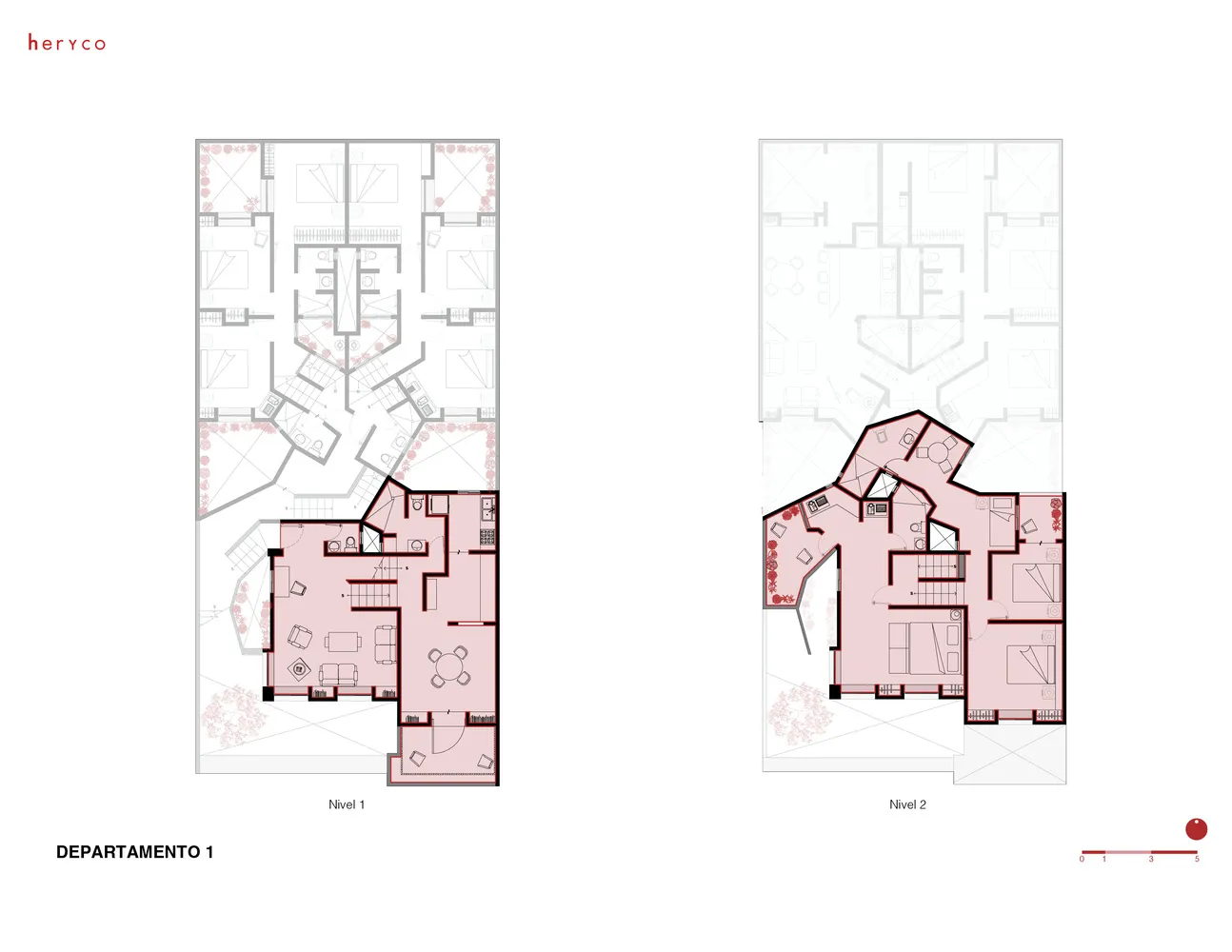 Floor plans of Nivel 1 and Nivel 2 showing apartment layouts and room arrangements.