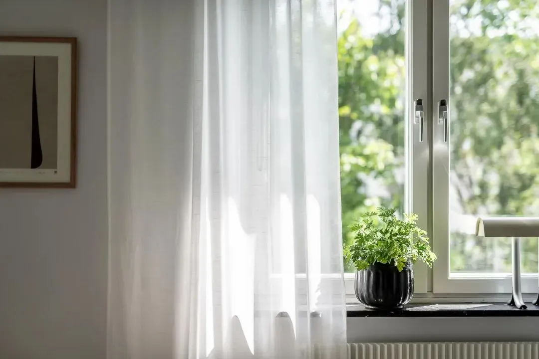 A window with a white curtain, a black frame, and a plant pot on the sill.