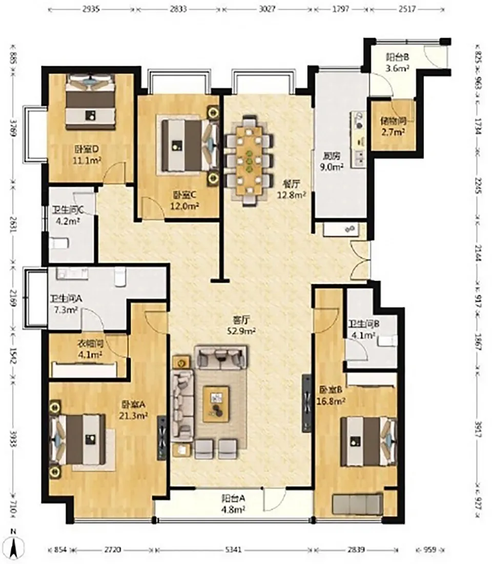 Modern apartment layout featuring wood flooring and multiple bedrooms, bathrooms, and living spaces.