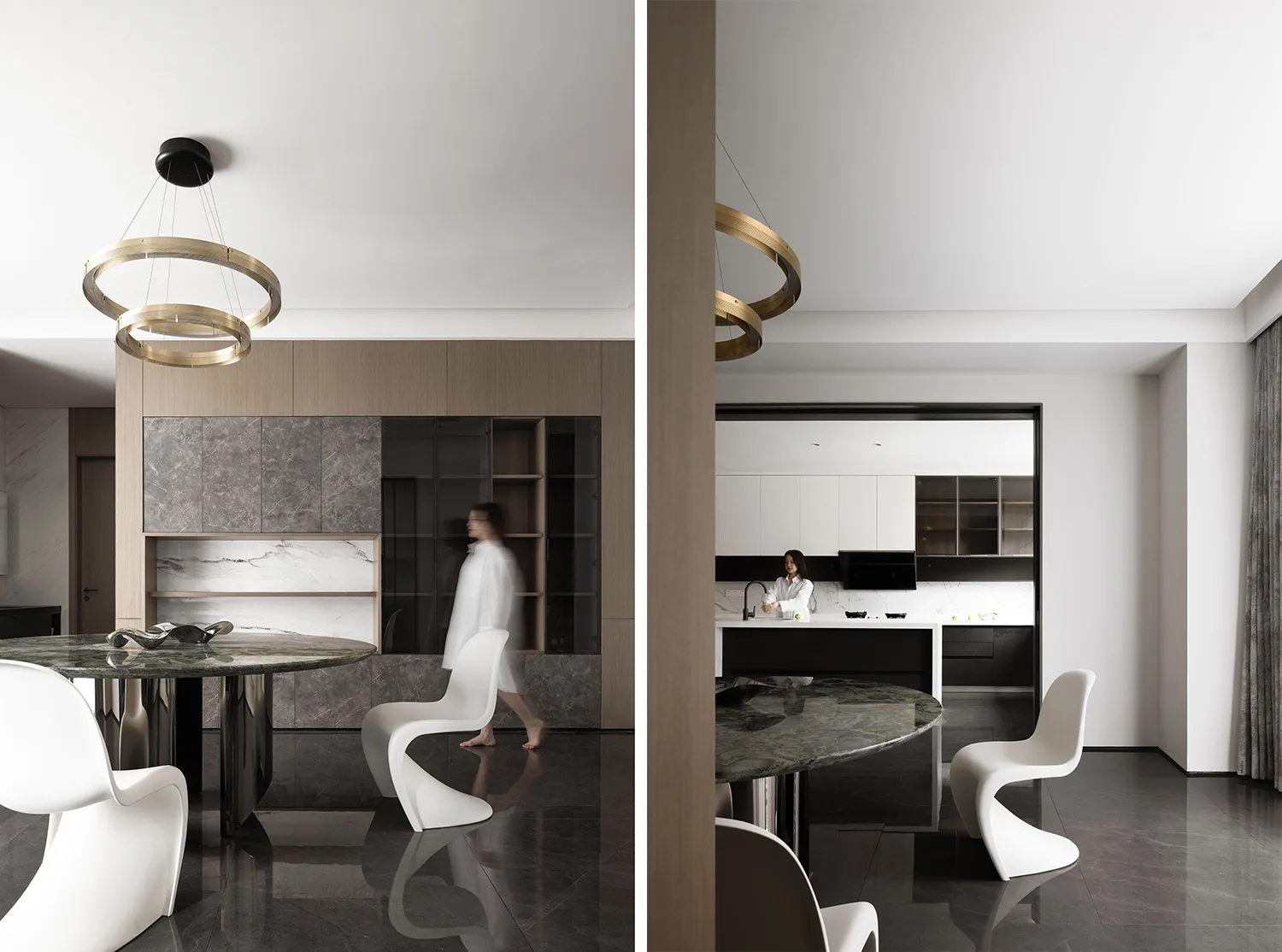 A modern residential kitchen with marble countertops and wooden furniture.