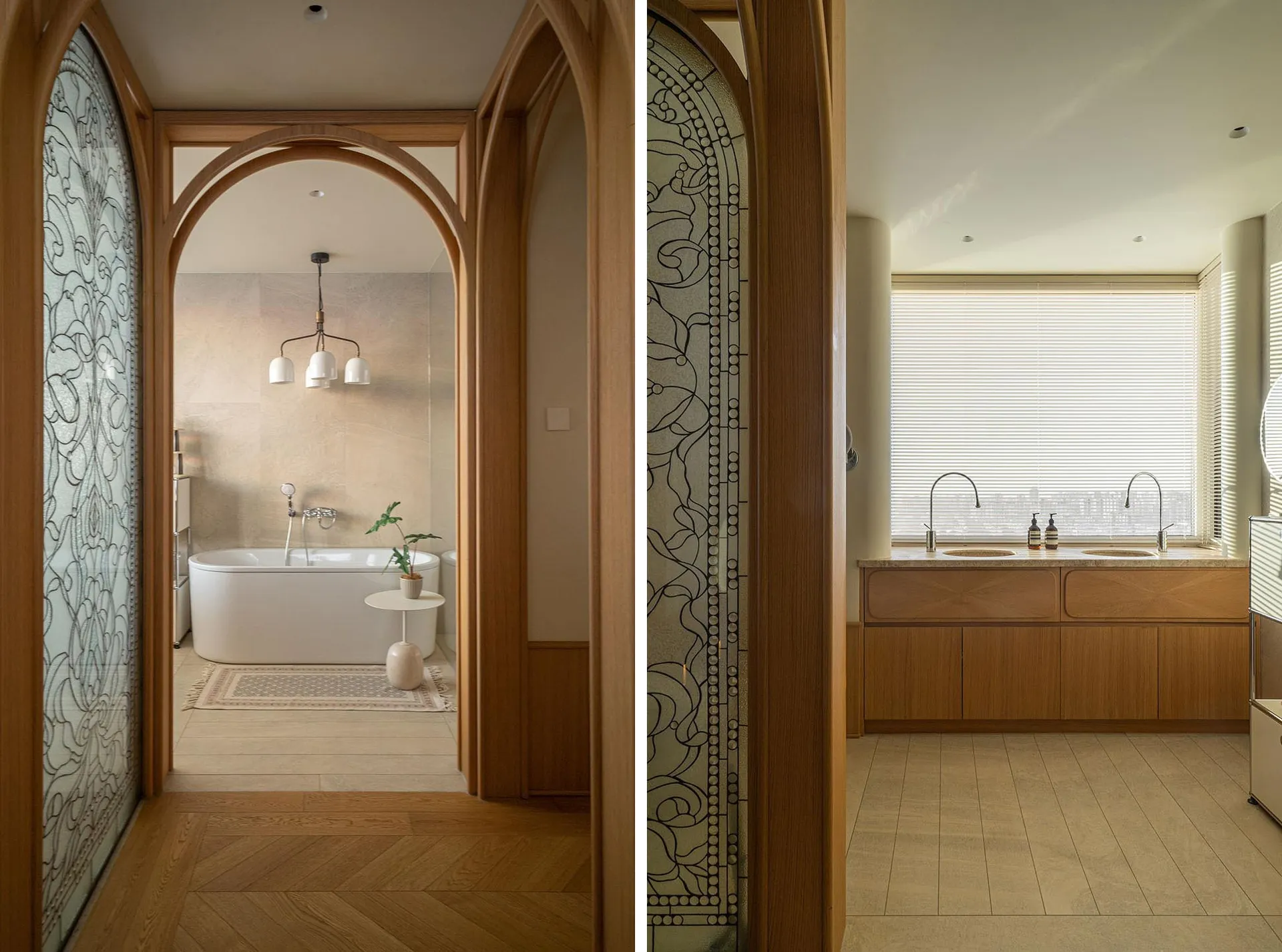 Modern, contemporary bathroom with wooden accents and a minimalist design.
