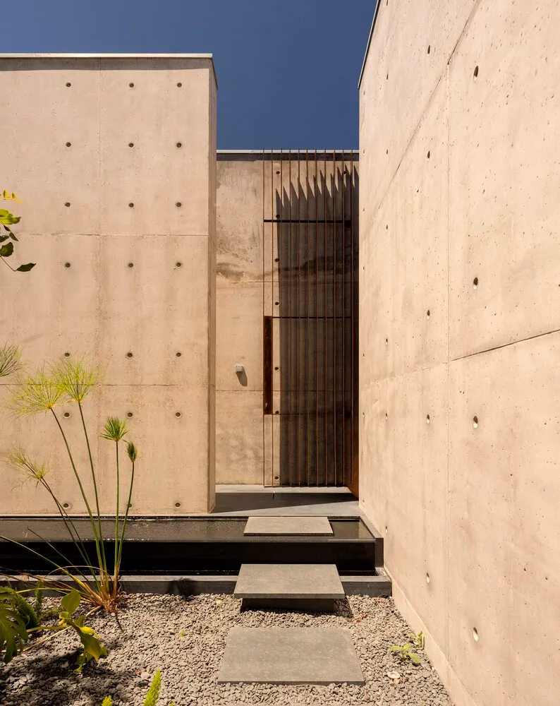 A modern minimalist entryway with concrete walls and a glass door, featuring a small garden with plants in gravel.