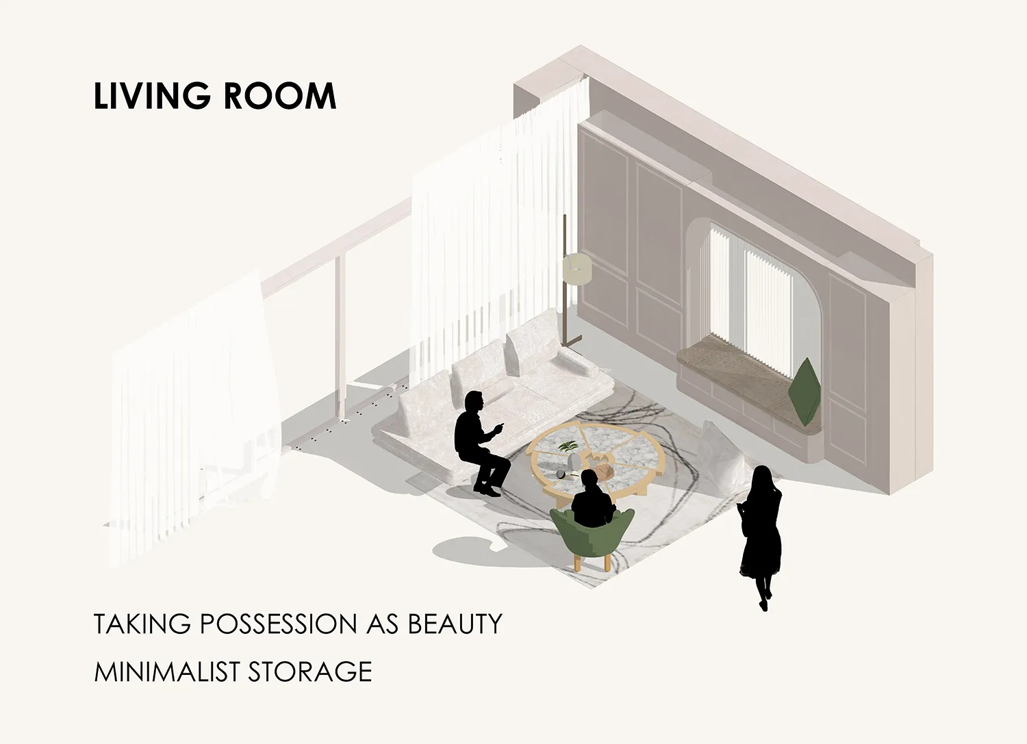 a living room with minimalist storage solutions