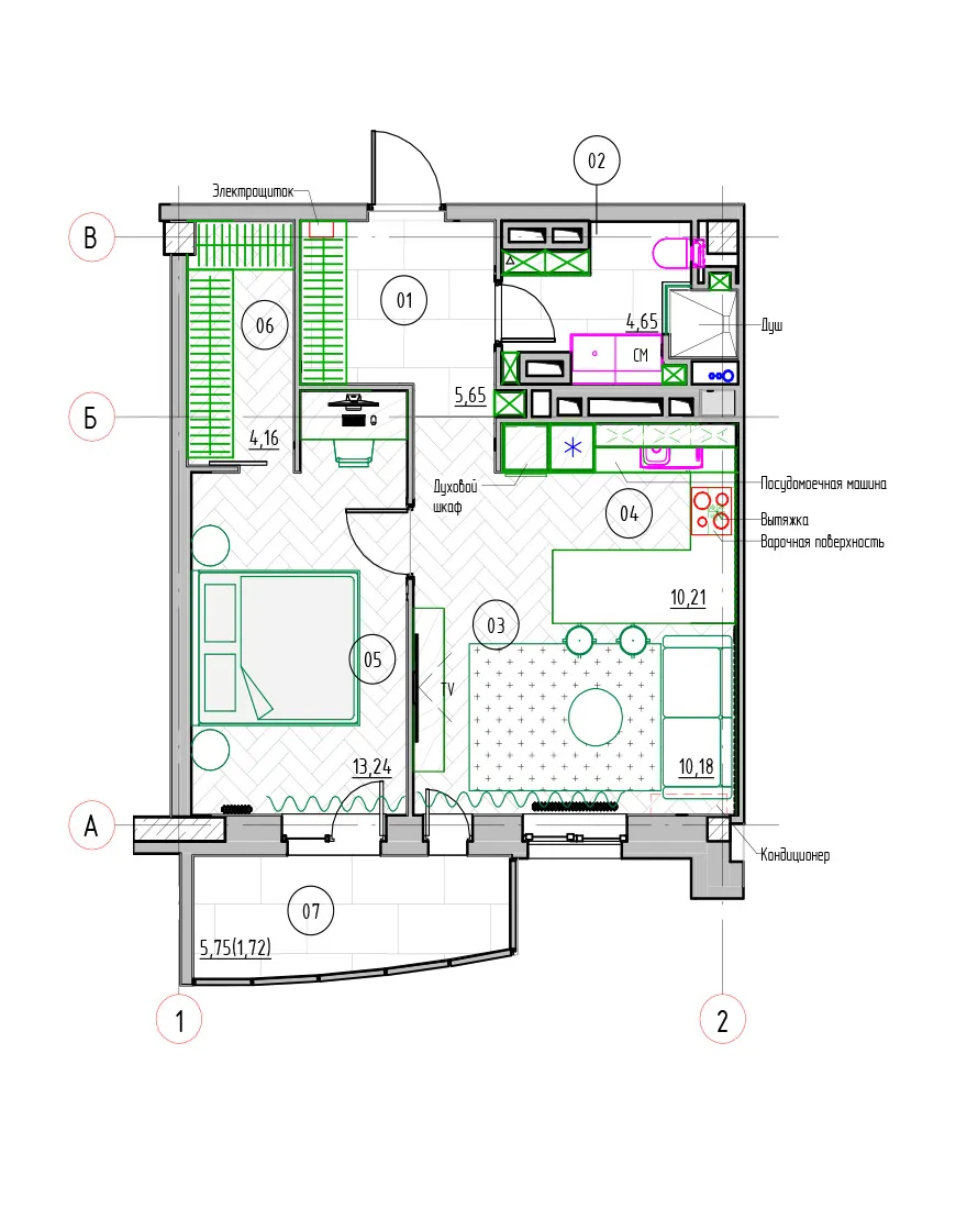 Modern residential floor plan with living room, kitchen, bedroom, and bathroom.