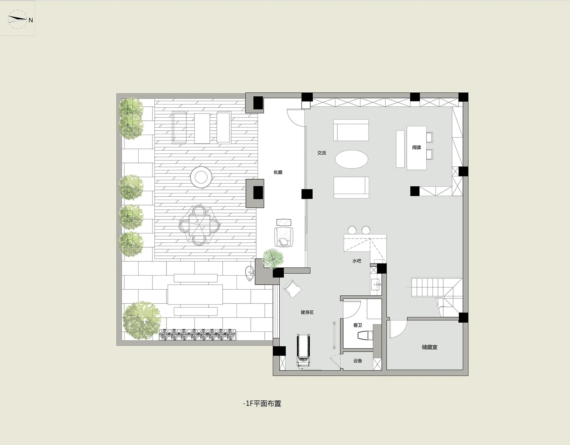 現代客廳平面圖,採用開放式格局與光線充足的房間。