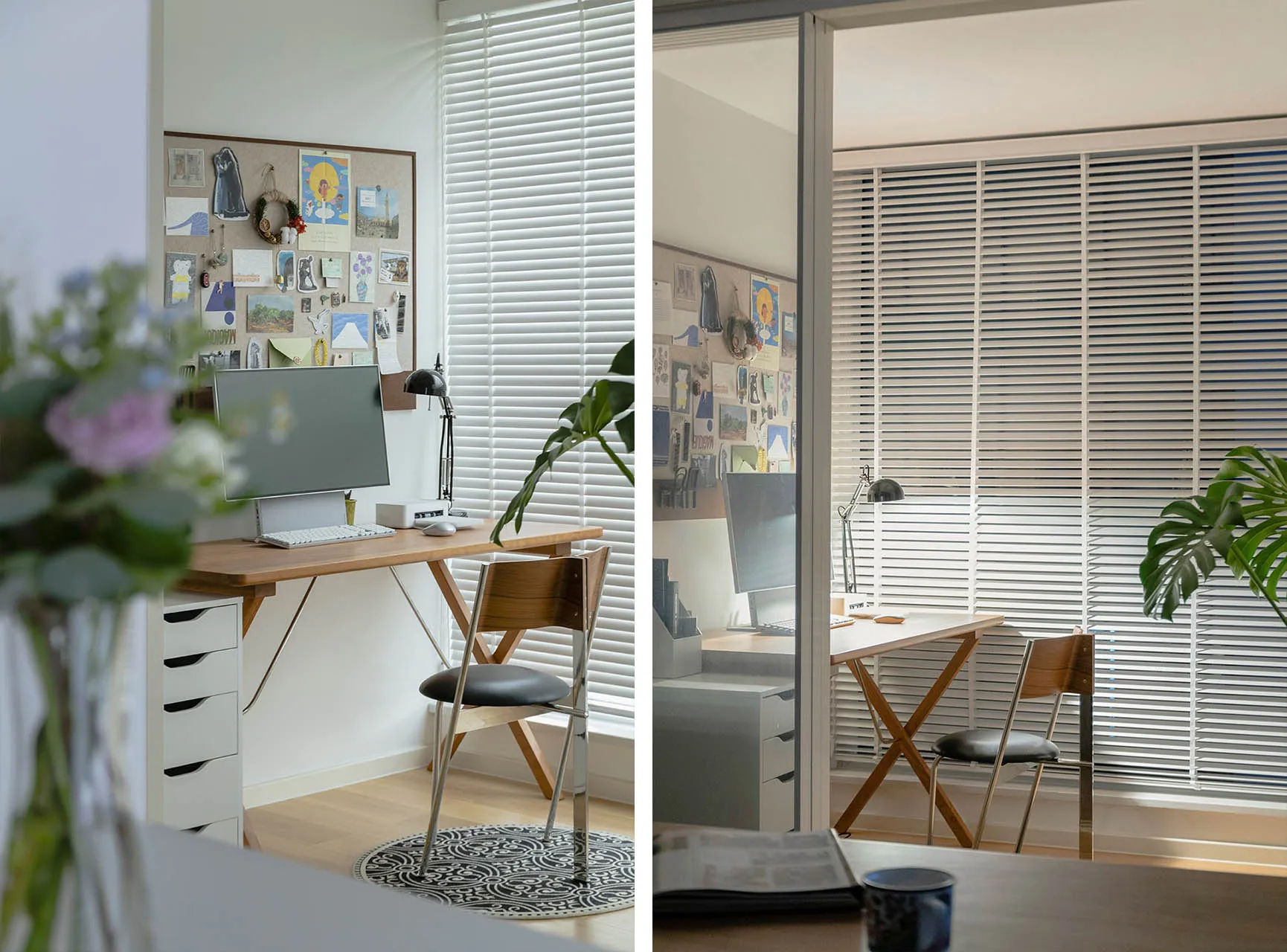 A modern home office with wooden desks, fabric chairs, and metal accents, featuring a bulletin board and a sleek, contemporar