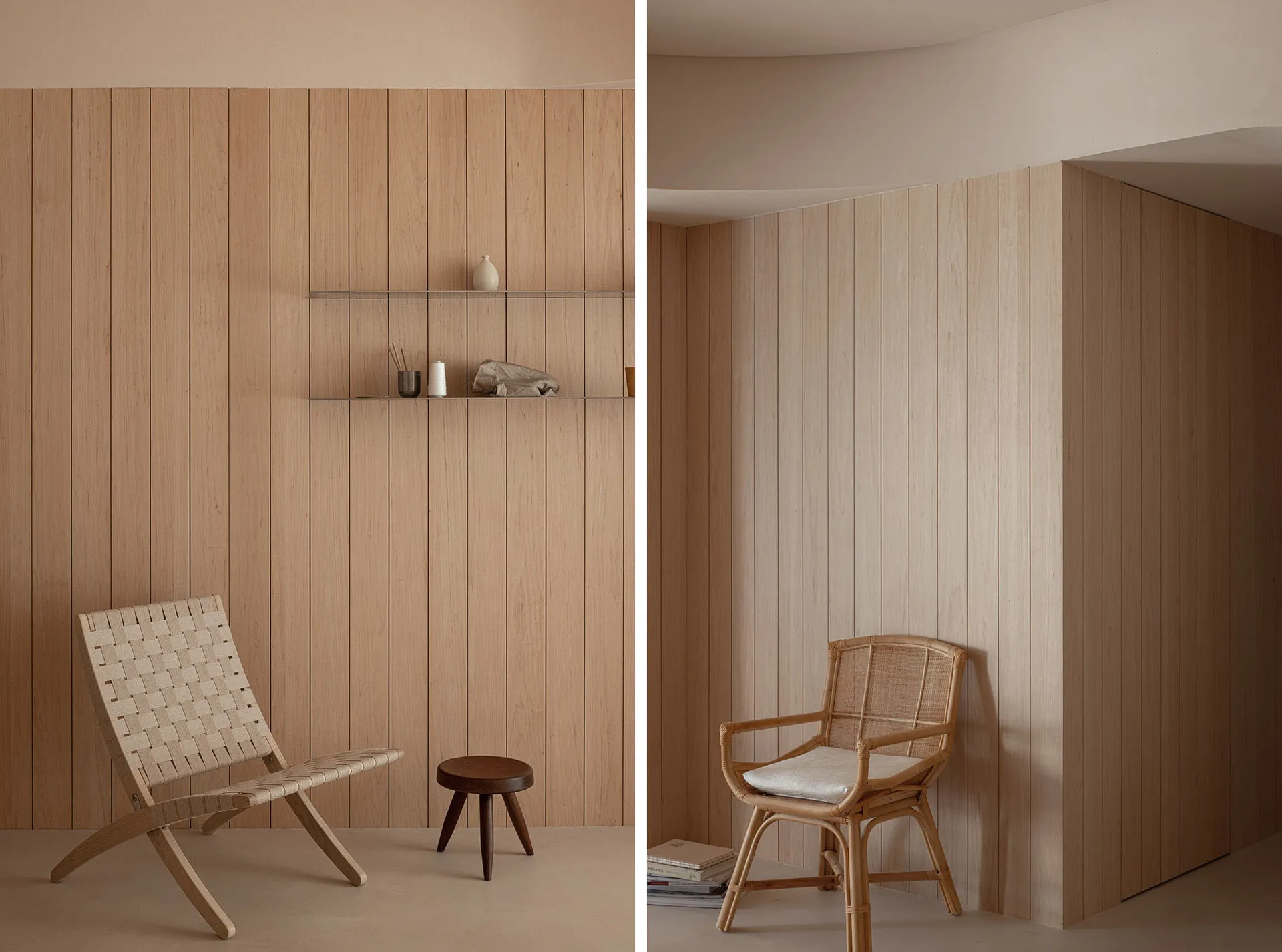 A minimalist interior design featuring wooden paneling, a woven chair, and a small stool with decorative items on a shelf.