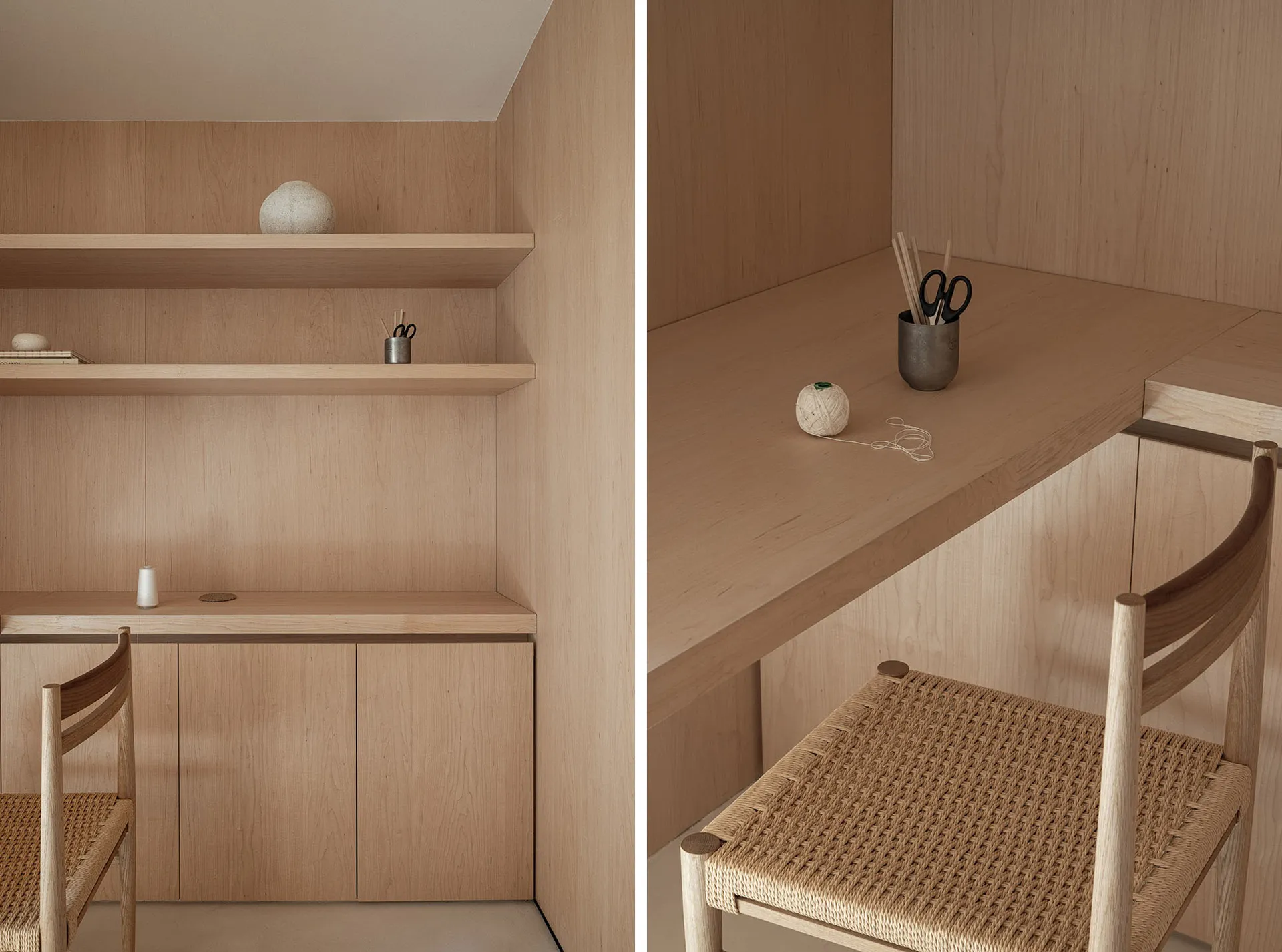 A minimalist workspace featuring wooden shelves and furniture.