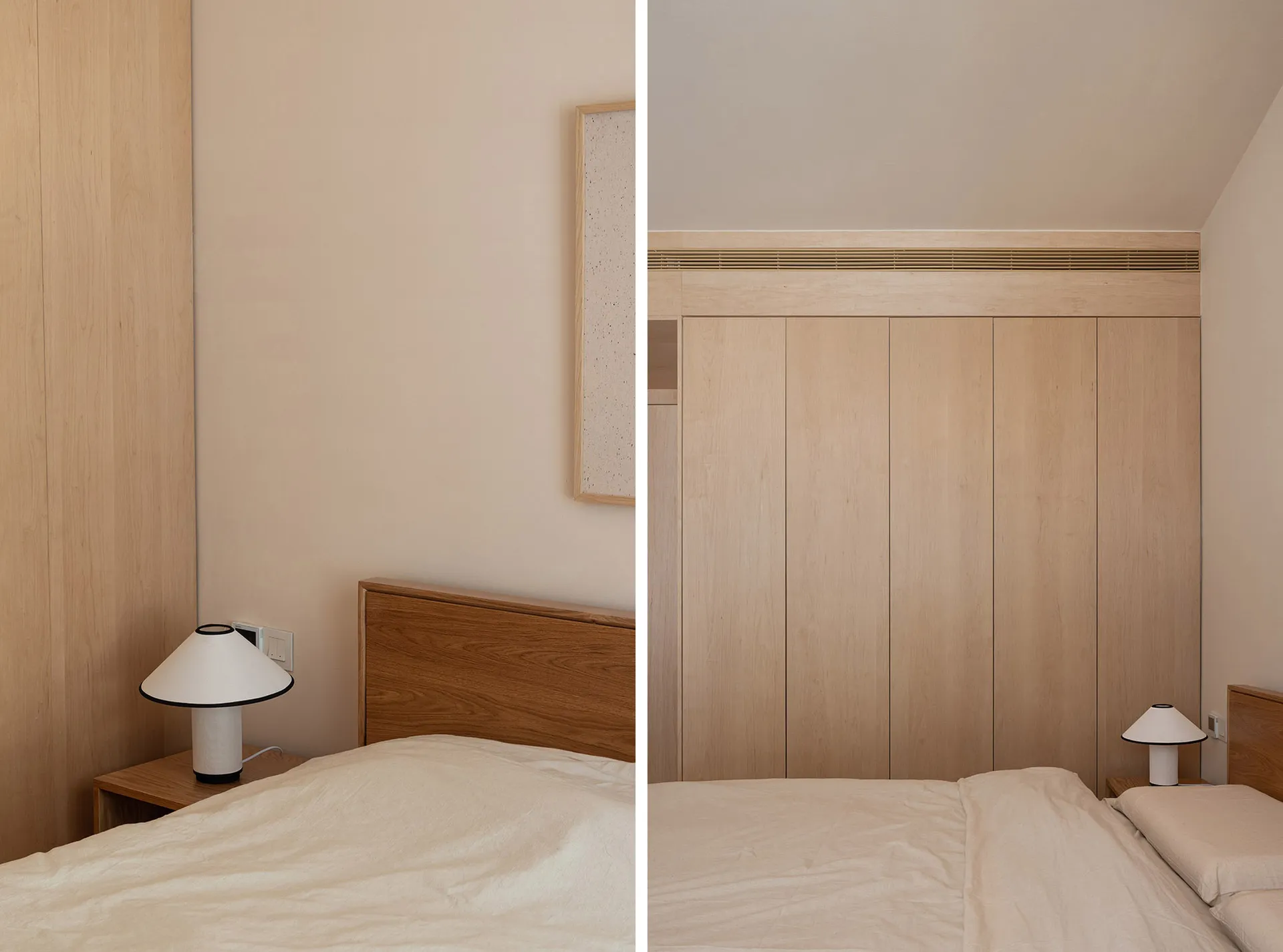 Bedroom with minimalist design, featuring wooden furniture and fabric bedding.