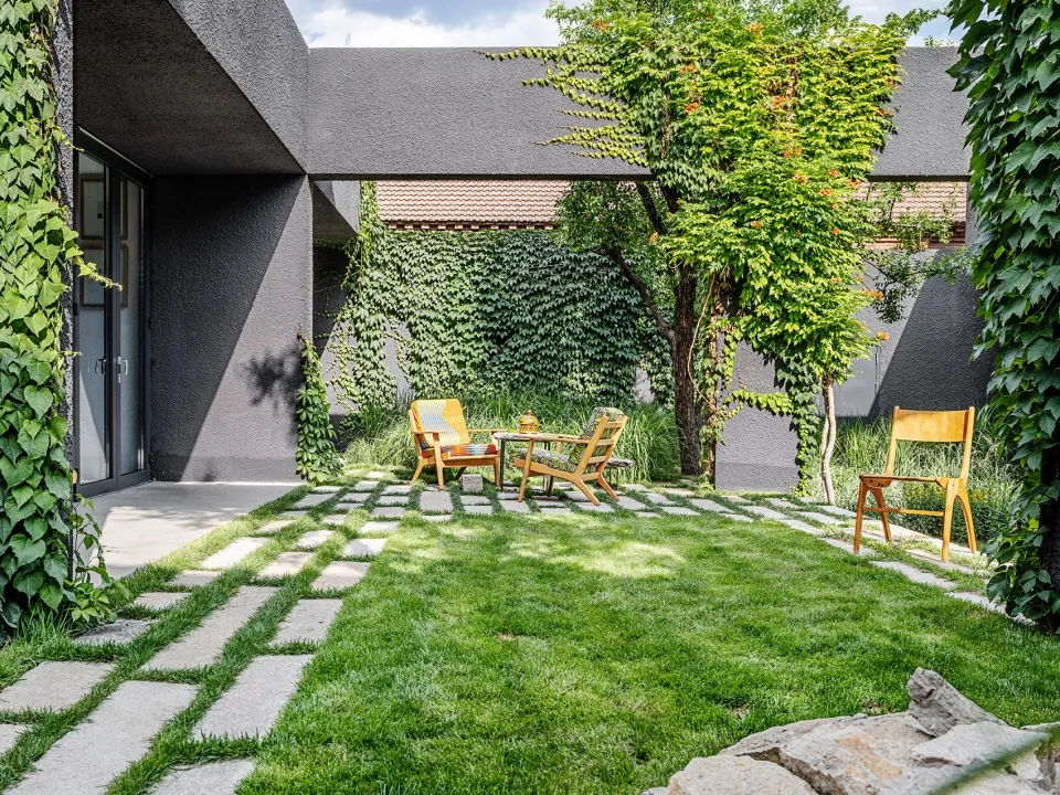 Luxurious modern garden with concrete walkway, stone accents, and lush green grass, featuring outdoor seating and climbing pl