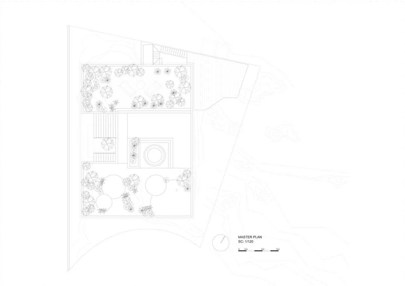 Sketch of a modern lawn and contemporary garden design, featuring a mix of plants and structures.