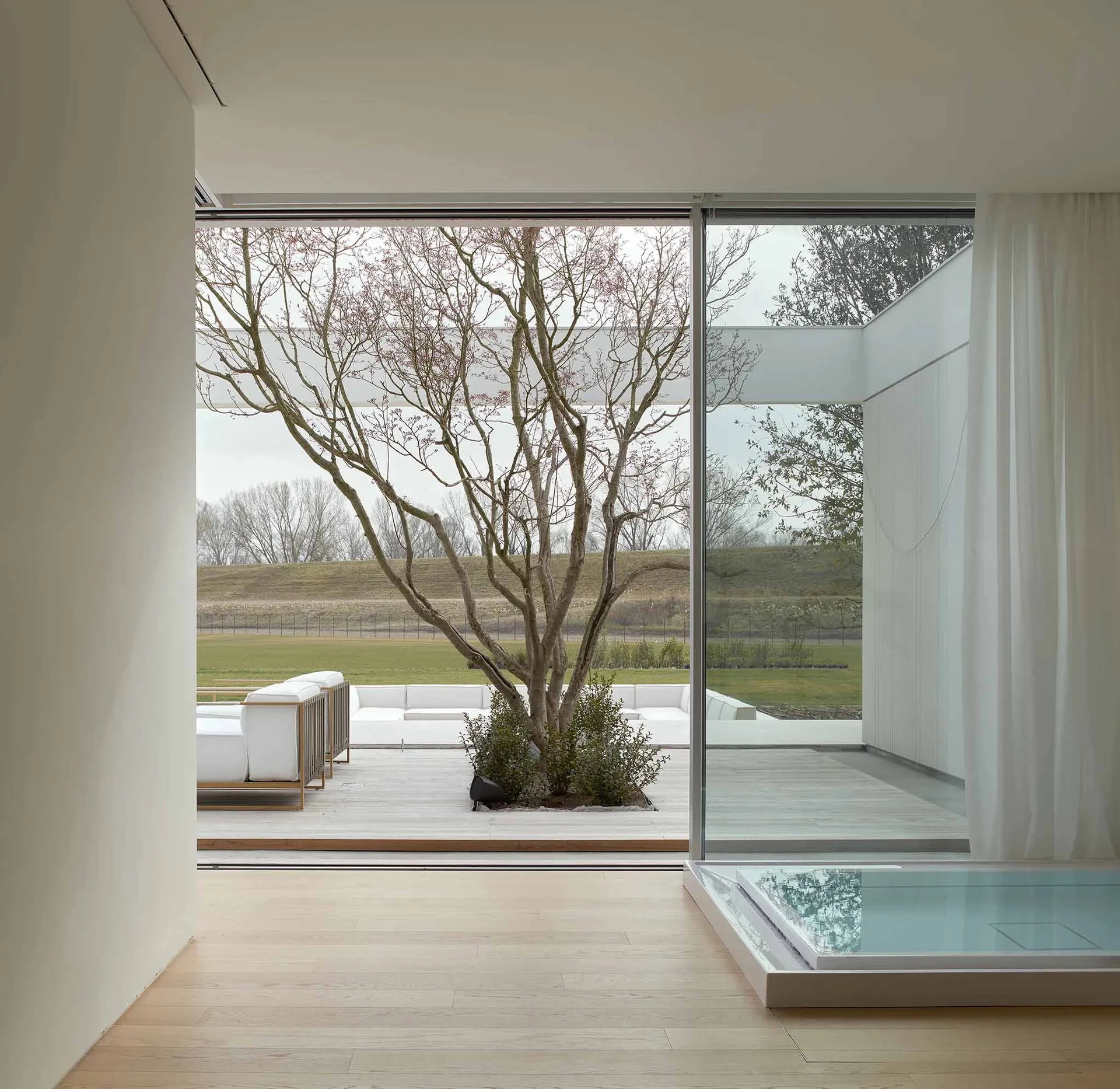 A modern living room with a large glass window overlooking an outdoor garden with a bare tree and white furniture.