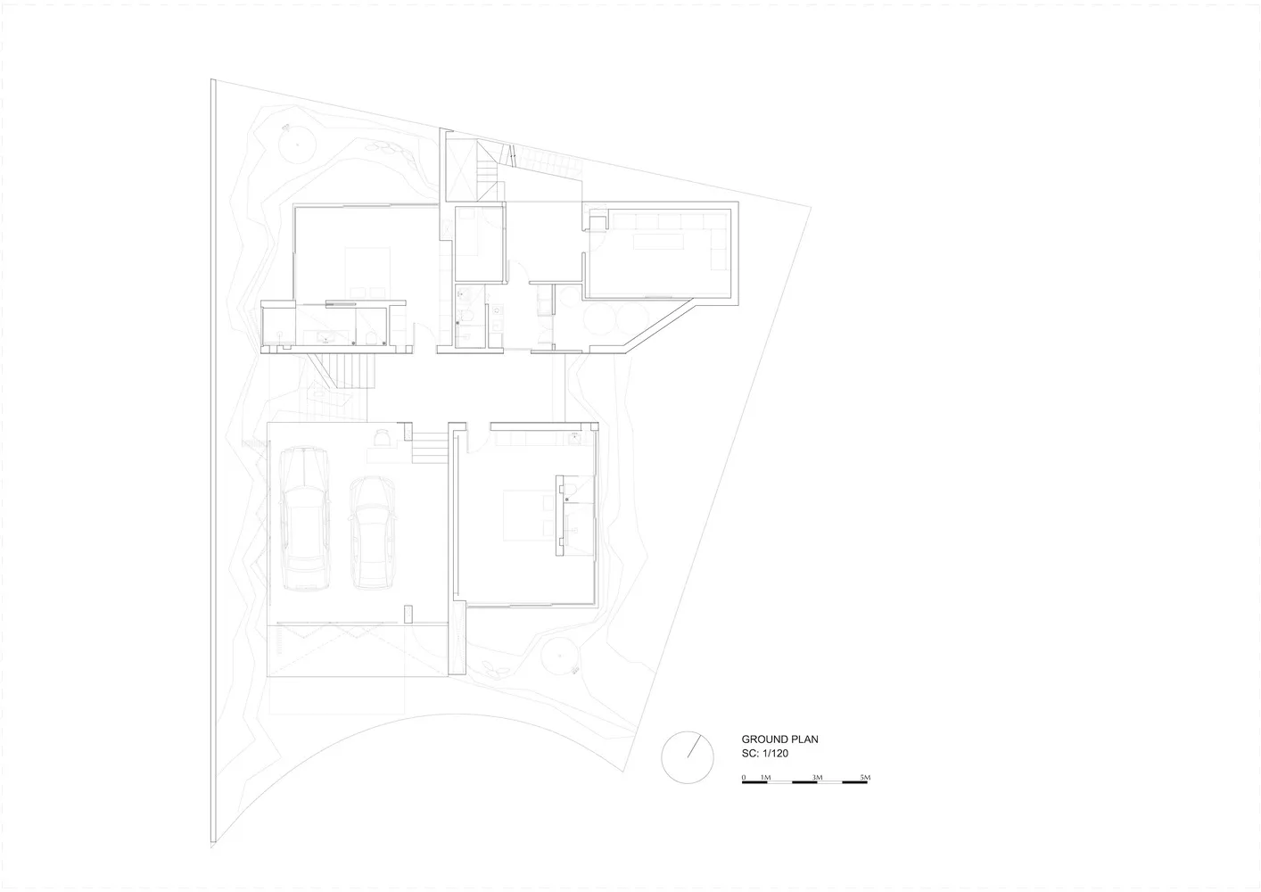 Modern residential ground plan showing two levels of living space and car parking area.