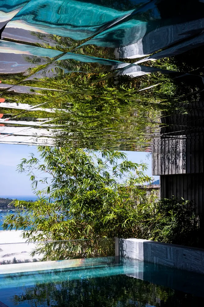 竹林倒映在玻璃屋頂上,下方為游泳池。