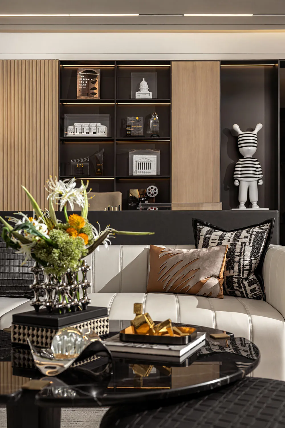 Modern living room featuring a contemporary interior design with concrete elements.