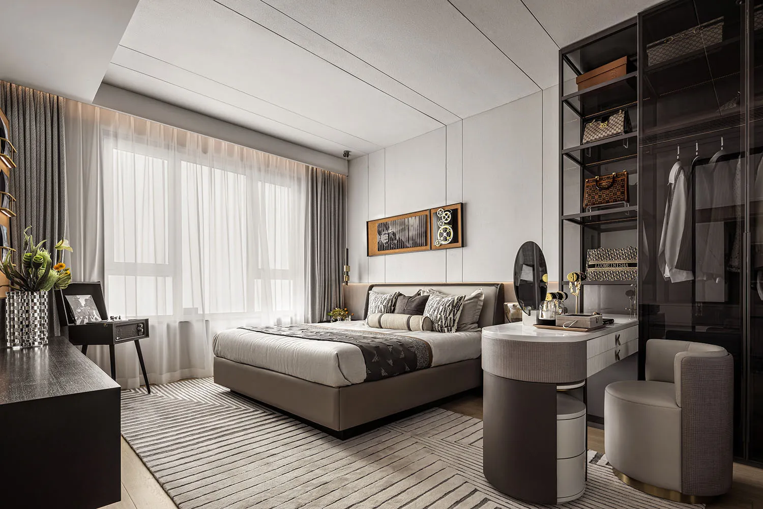 A modern minimalist bedroom featuring bed with fabric headboard, wooden floor, and white walls.