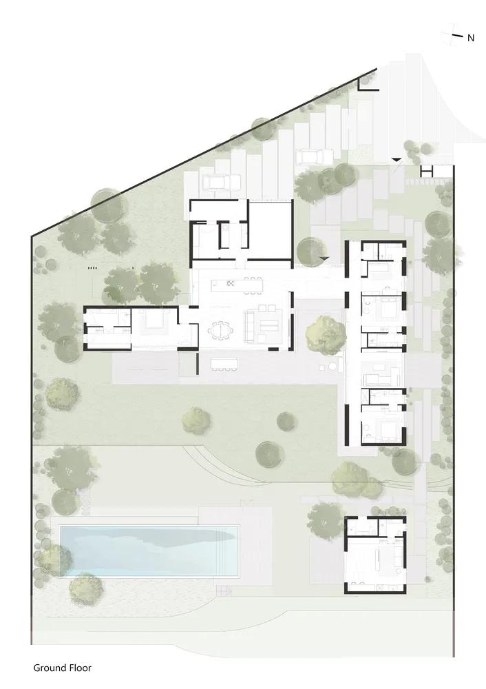Floor plan of a modern residential layout featuring concrete and glass materials.