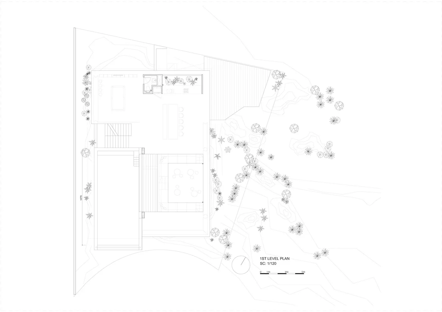 A detailed 2D architectural floor plan of a residential building, featuring rooms and outdoor areas.